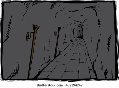 Long unlit dungeon passage with stone block floor