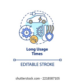 Long usage times concept icon. Carbon free economy. Hydrogen fuel cells advantage abstract idea thin line illustration. Isolated outline drawing. Editable stroke. Arial, Myriad Pro-Bold fonts used
