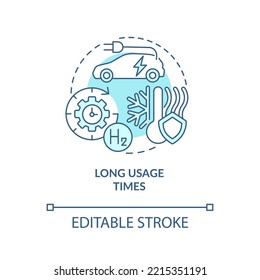 Long usage times turquoise concept icon. Carbon free. H2 fuel cells advantage abstract idea thin line illustration. Isolated outline drawing. Editable stroke. Roboto-Medium, Myriad Pro-Bold fonts used