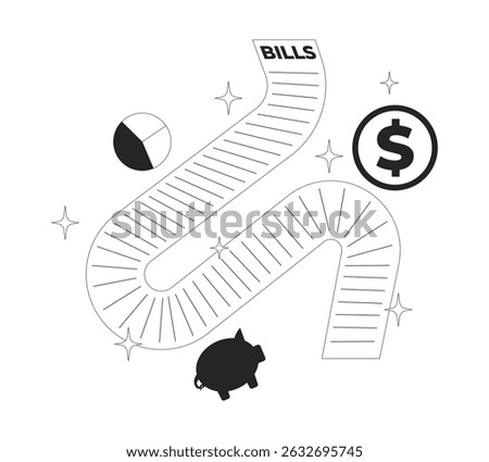 Long utility bill surrounded by financial symbols line illustration concept. Piggy bank, pie chart, dollar coin. Expenses sheet outline 2D object isolated. Ink linear metaphor vector art