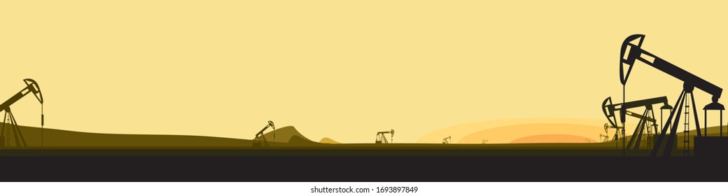 long vector banner with silhouettes of oil production facilities on the background of the evening landscape. oil industry at sunset