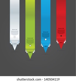 Long vector pointers. Four modern design arrow pointers with much space for your informations. Four steps in different colors. Folded paper choices. Fresh template.  Editable colorfully template.