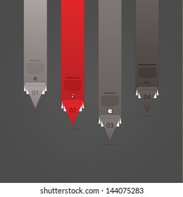 Long vector pointers. Four modern design arrow pointers with much space for your content. Four steps in different colors. Folded paper choices. Fresh template.  Editable colorfully template.