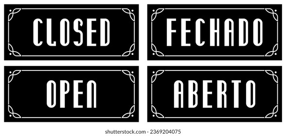 Long vector rectangular signboards with border frames. Open - Closed (Aberto - Fechado) entrance door signs for stores, shops, cafes, restaurants. For wood or laser cutting, doorplates, plaques