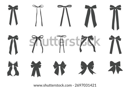 Long velvet ribbon bow vector, Ribbon bow vector, Black bow vector, Coquette Bow vector, Ribbon silhouette.