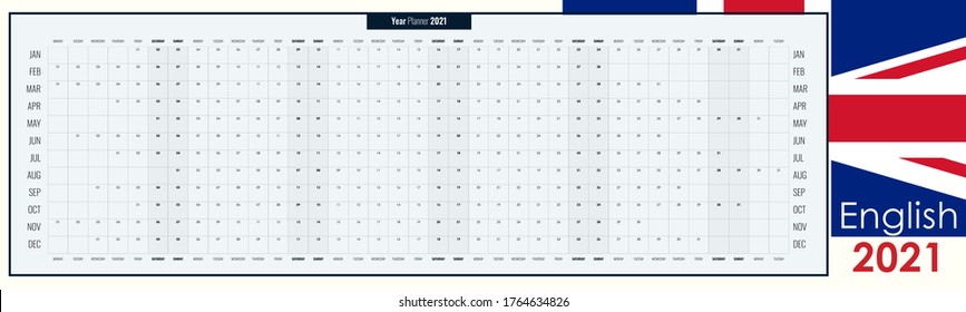 Long version of planner 2021. Yearly, 12 months wall organizer on one page. Simple calendar template for company, family. Vector illustration. Horizontal format in English. B&W colors. Copy space.