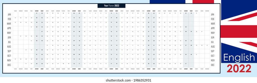 Long Version Of Planner 2022. Yearly, 12 Months Wall Organizer On One Page. Simple Calendar Template For Company, Family. Vector Illustration. Horizontal Format In English. BW Colors. Copy Space.