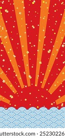 Fondo largo del Anuncio de la Vertical con la salida del sol roja del año Nuevo y las olas azules del océano con la hoja de oro