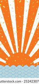 Long vertical banner with transparent background of gold leaf confetti with orange first sunrise and blue sea waves