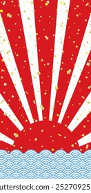 Long vertical banner with transparent background of gold leaf confetti with red first sunrise and blue sea waves