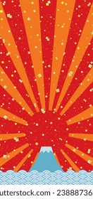 long vertical frame banner background with Mt. Fuji, the first sunrise of the year, and gold leaf in a wave pattern