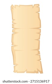 Pergamino de Vertical larga. Papel envejecido beige extendido con bordes rasgados. Antiguo manuscrito de Plantilla en blanco para el contenido de texto largo. Diseño de documentos medievales para proclamas. Ilustración vectorial.