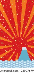 Long vertical square banner background with Mt. Fuji, the first sunrise of the year, and gold leaf in a wave pattern , right-aligned