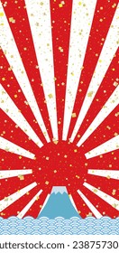 long vertical square frame with gold leaf confetti scattered on Mt. Fuji, the first sunrise, and wave pattern, white background