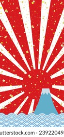 long vertical square frame with gold leaf confetti scattered on Mt. Fuji, the first sunrise, and wave pattern, white background , right-aligned