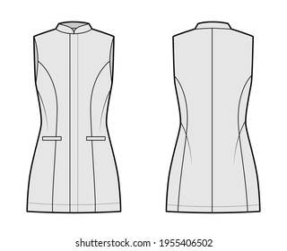 Long vest waistcoat technical fashion illustration with fitted body, sleeveless, stand collar, hide closure, welt pockets. Flat template front, back grey color style. Women, men, unisex top CAD mockup