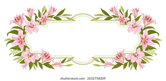 Long vintage frame with pink lily flowers and copy space for text. Cute floral decoration with daylily, leaves and buds, label template. Can use for greeting card, print. Isolated vector illustration