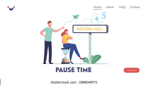Long Wait Landing Page Template. Characters in Waiting Hall. Woman Sit on Huge Hourglass Look on Wrist Watch. Clinic or Office Appointment, Airport Departure Delay. Cartoon People Vector Illustration
