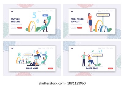 Long Wait Landing Page Template Set. Tired and Bored Characters Too Long Waiting in Office Hall, Airport or Hospital Lobby. Men and Women Call Telephone, Hourglass. Cartoon People Vector Illustration