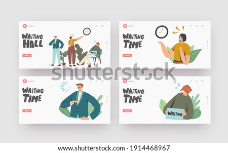 Long Wait Landing Page Template Set. Tired Bored Male Female Characters Long Waiting in Office Hall, Airport or Hospital Lobby. Men and Women Look on Watch, Sleep. Cartoon People Vector Illustration