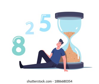 Long Wait, Male Character in Hall Sit and Sleeping at Huge Hourglass. Appointment in Clinic or Office, Airport Departure Delay. Man Nervously Impatiently Waiting in Lobby. Cartoon Vector Illustration