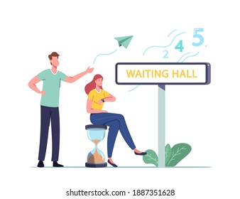 Long Wait, Male Female Characters in Waiting Hall. Woman Sitting on Huge Hourglass Looking on Wrist Watch. Appointment in Clinic or Office, Airport Departure Delay. Cartoon People Vector Illustration