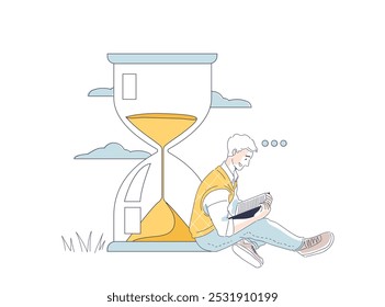 Long wait man. Young guy with book sits near huge hourglass. Bored and tired person with reading. Frustration and boredom. Linear vector illustration isolated on white background