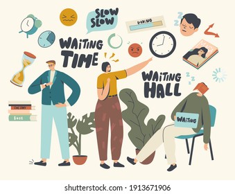 Long Wait, Slow Time Concept. Tired Bored Male and Female Characters Too Long Waiting in Office Hall, Airport or Hospital Lobby. Men and Women Look on Watch, Sleep. Cartoon People Vector Illustration