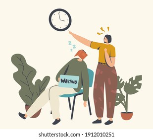 Long Wait, Tired Characters in Waiting Hall. Woman Pointing on Watch Hang on Wall, Man Sleeping on Chair. Appointment in Clinic or Office, Airport Departure Delay. Cartoon People Vector Illustration