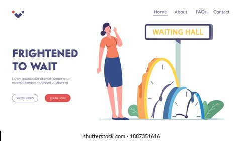 Long Waiting and Boring Landing Page Template. Girl Tired of Long Waiting. Tiny Female Character near Huge Melting Clock. Frustrated Woman Wait in Clinic, Support Service. Cartoon Vector Illustration
