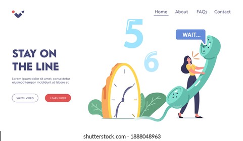 Long Waiting Landing Page Template. Tiny Female Character Holding Huge Telephone Tube near Melting Clock. Frustrated Woman Calling to Clinic, Emergency, Support Service. Cartoon Vector Illustration
