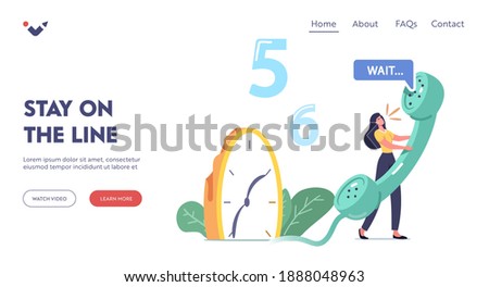 Long Waiting Landing Page Template. Tiny Female Character Holding Huge Telephone Tube near Melting Clock. Frustrated Woman Calling to Clinic, Emergency, Support Service. Cartoon Vector Illustration