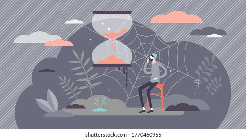 Long Waiting Patience And Sand Clock Pending Time Flat Tiny Persons Concept. Abstract Visualization With Spider Web As Slow And Boring Symbol Vector Illustration. Wait For Late Meeting And Appointment