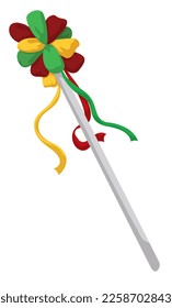 Long wand decorated with yellow, red and green ribbons called 'Garabato' for the dancers of Barranquilla's Carnival. Design isolated in cartoon style.