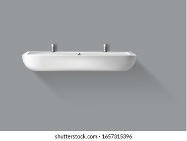 Long washbasin with taps for bathroom, public restroom, modern WC. Vector realistic white ceramic sink with faucet hangs on wall in washroom isolated on gray background