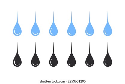 Long water drops. Water drop shape. Blue annd black water drops. Vector illustration