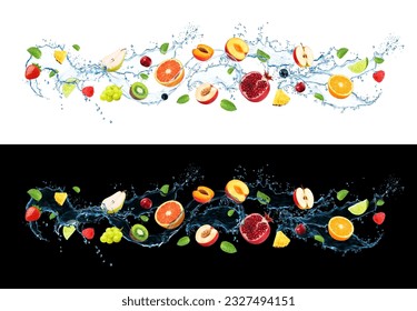 Long water wave splash with fruits. Realistic 3d vector liquid flow with mix of fresh orange, lime, garnet and apple, strawberry, cherry, kiwi with pineapple, pear, peach, grapes. Vitamin drink stream