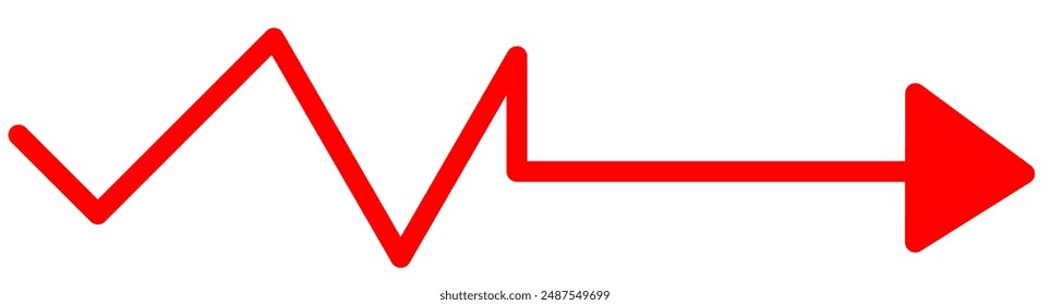 Onda larga o curva roja Icono de flecha, Vector . Vector de flecha roja Zig zag. Flecha grande, Vector del cursor. Flecha de línea larga 