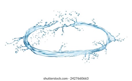 Salpicadura de agua de onda larga. Forma líquida circular u ovalada con gotitas. Elipse de vector 3D aislada realista o marco o borde en forma de círculo con gotas y burbujas salpicando. Movimiento de remolino dinámico redondo