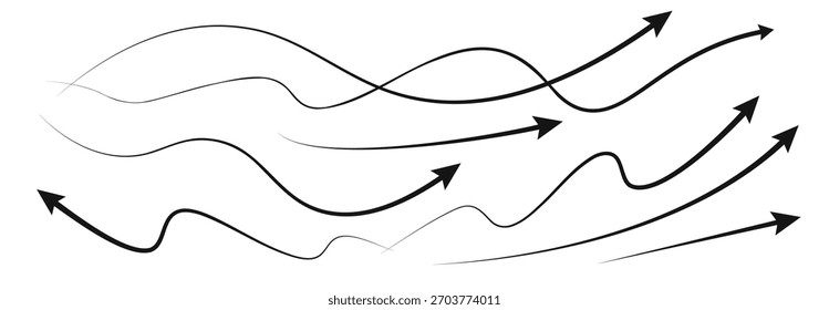 Conjunto de flechas onduladas largas, Doodle dibujado a mano hacia arriba hacia abajo Símbolo de dirección de flecha delgada izquierda derecha sobre fondo blanco. Ilustración vectorial