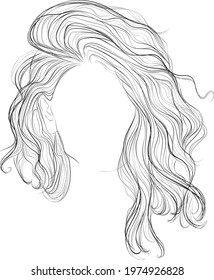 Long wavy glamour hairstyle fashion illustration, black and white vector outline drawing 