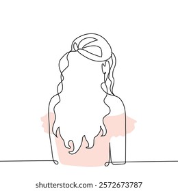 long wavy hair from the back of a girl in an open pink dress - one line art vector