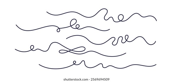 Long wavy thread. Curls abstract scribble. Simple black lines. Doodle vector swirls and dividers set. Simple vintage elements isolated on white background. Vector illustration. Editable stroke