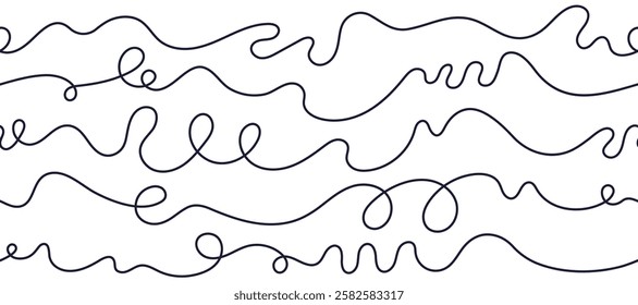 Long wavy thread. Curls abstract scribble pattern. Spaghetti, pasta lines. Doodle vector swirls. Simple vintage texture on white background. Vector seamless decor for textile, wallpaper