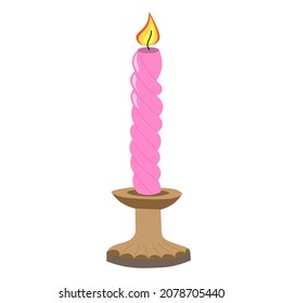 long wax burning candle of pink color in wooden candlestick. Decorative burning candle in candlestick. flat vector illustration.