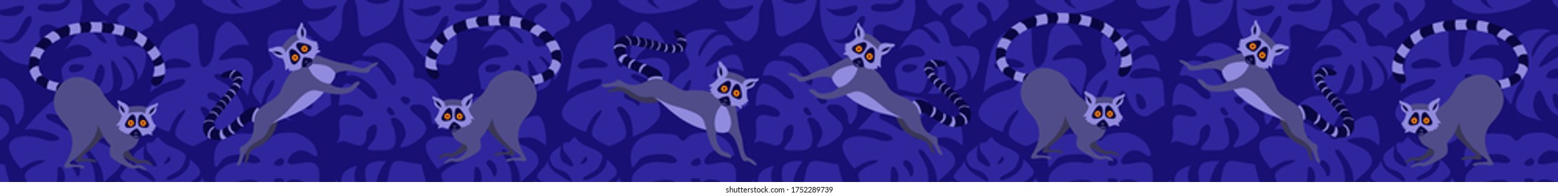 Long web banner with cute cartoon lemurs. Social media cover image. Flat vector illustration.