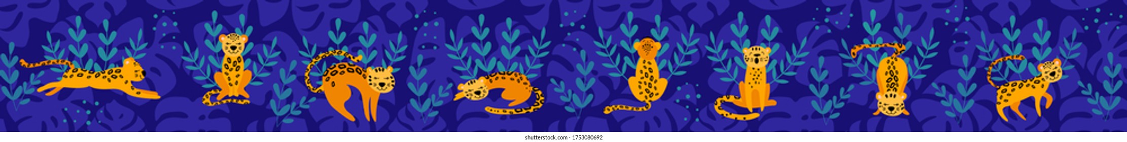 Long web banner with cute cartoon leopards. Social media cover image. Flat vector illustration.