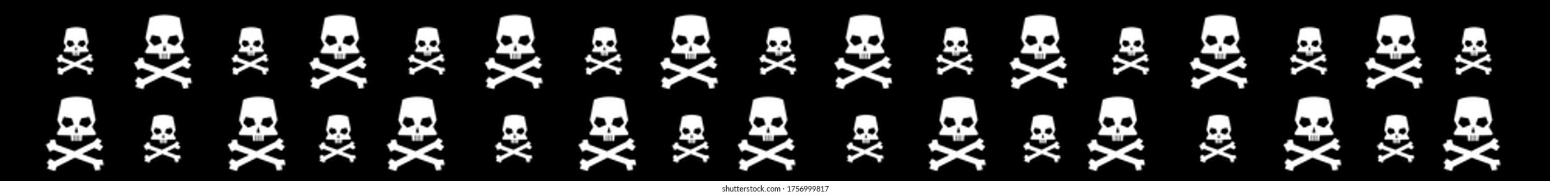 Long web banner with skull and crossbones silhouettes on black background. Vector illustration.