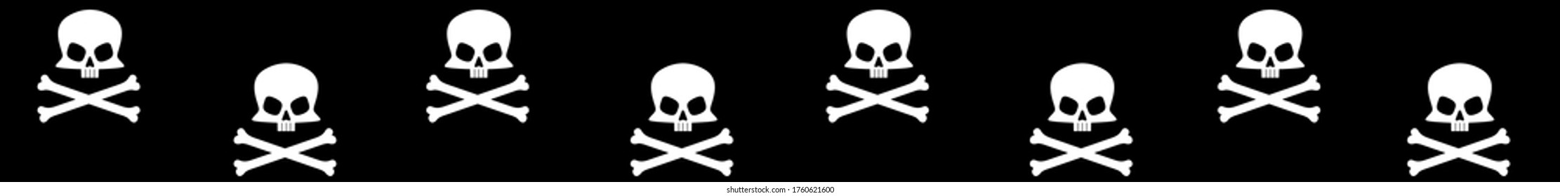 Long web seamless banner with skull and crossbones icon on black background. Vector illustration.