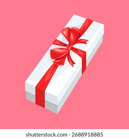 Caja de regalo blanca larga con la cinta roja aislada en fondo rosado. Ilustración plana de dibujos animados de Vector. 